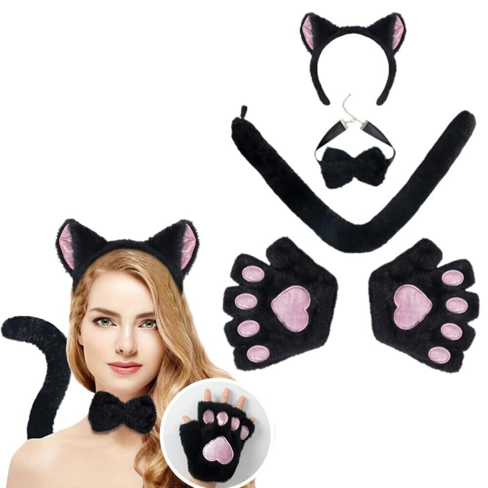 9042 4Pcs Cat Costume Accessories Faux Fur Kitten Tail Plush Paws Gloves